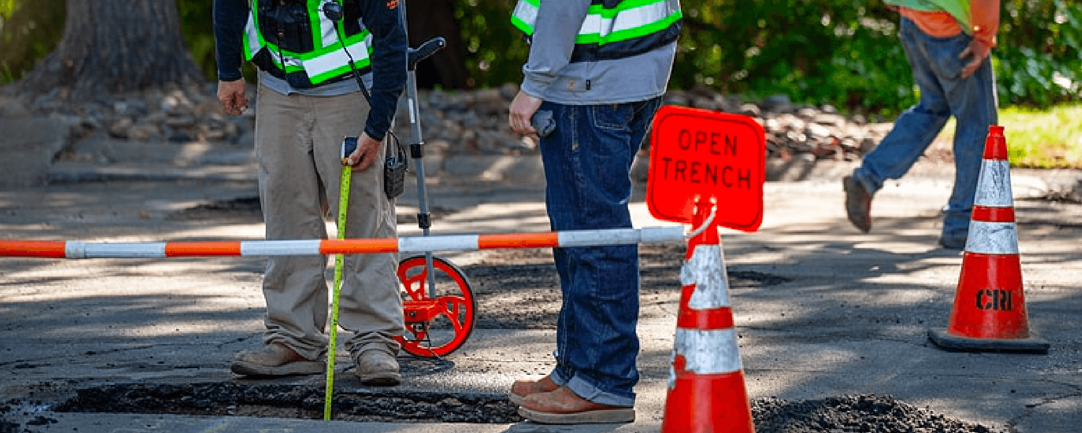 Open trench with safety cones